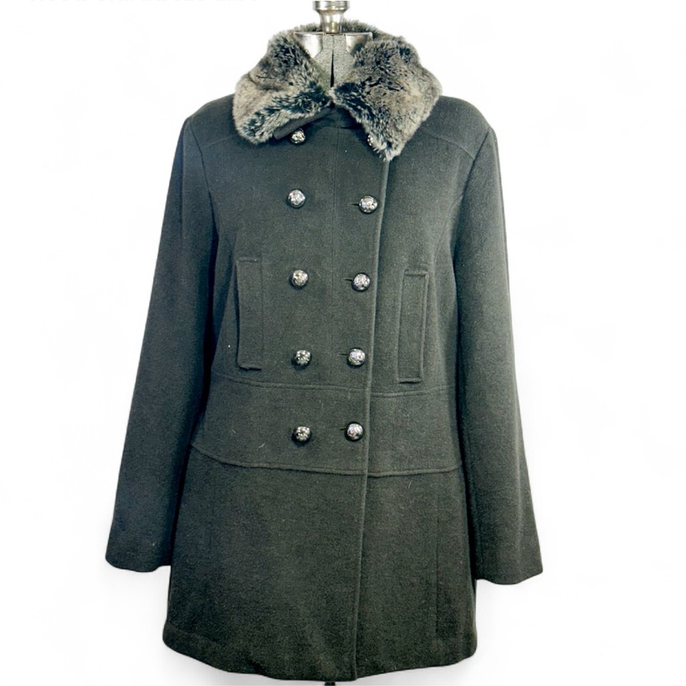 Hilary Radley Black Pea wool Coat with Faux Fur Collar